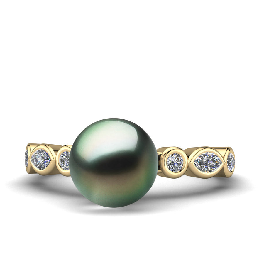 Fire and Ice Pearl Ring-18K Yellow Gold-Tahitian-Green