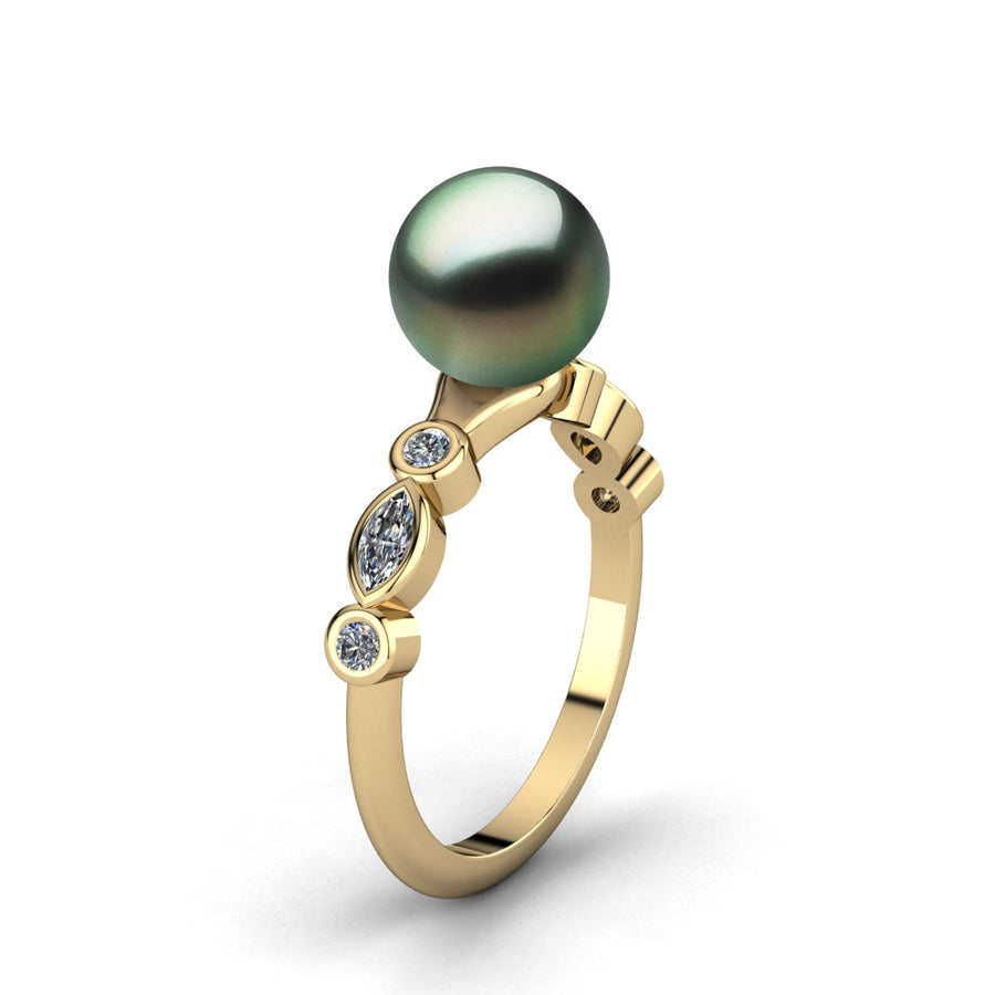 Fire and Ice Pearl Ring-18K Yellow Gold-Tahitian-Green